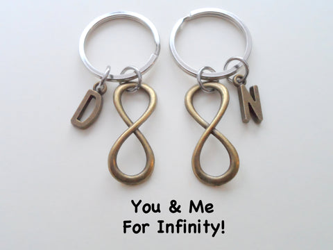 Personalized Double Bronze Infinity Charm Keychains with Letter Charms; Couple Keychains, Best Friends Keychains