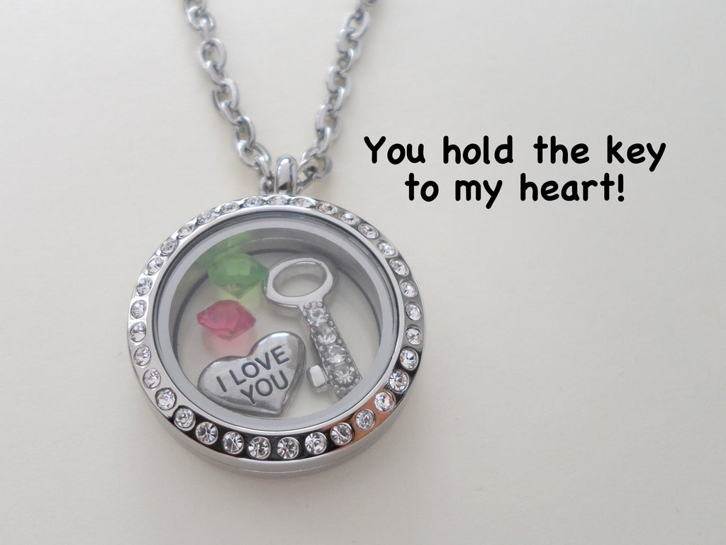 Personalized "You Hold the Key to My Heart" Floating Memory Locket Necklace w/ Key & I Love You Heart Charms & Birthstones - by Jewelry Everyday