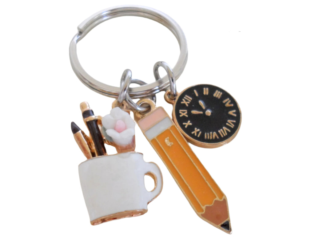 Mug, Pencil, & Clock Charm Keychain for Office Assistant Gift Keychain, Executive Assistant Gift, Administrative Assistant Gift, Thank You Gift, Teacher Appreciation Keychain Gift