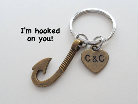 Personalized Bronze Fish Hook Keychain - I'm Hooked On You; Couples Keychain by Jewelry Everyday