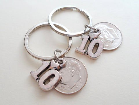 10 Year Anniversary Gift • Double Keychain Set 2011 Dime Keychains w/ Number 10 Charm by Jewelry Everyday