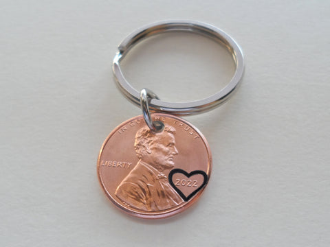 2022 US One Cent Penny Keychain with Heart Around Year; Anniversary, Couples Keychain