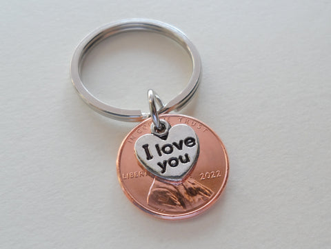 I Love You Heart Charm Layered Over 2022 US One Cent Penny Keychain; Anniversary, Couples Keychain