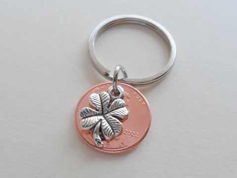 Clover Charm Layered Over 2022 US One Cent Penny Keychain; Anniversary, Couples Keychain