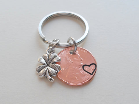 2022 US One Cent Penny Keychain with Heart Around Year & Clover Charm; Anniversary, Couples Keychain