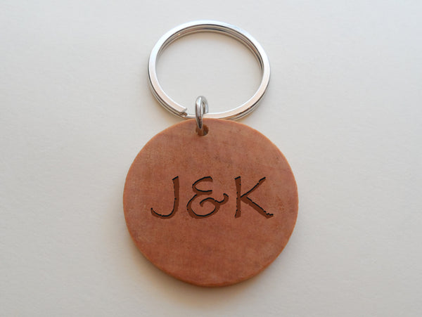 Personalized Wood Circle Disc Keychain; 5 Year Anniversary Couples Keychain