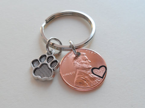 US One Cent Penny Keychain with Heart Around Year & Paw Print Charm, New Pet Adoption Keychain
