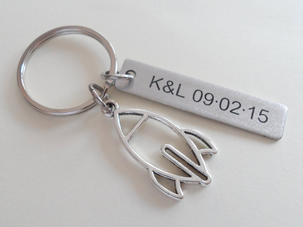 Personalized Spaceship Rocket Charm Keychain and Steel Tag Custom Engraved, Aerospace Engineer Gift, Astronautical Keychain