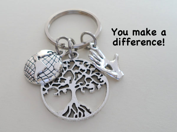 Community Volunteer Appreciation Gifts • World Globe, Tree, and Hand Charm Keychain by JewelryEveryday w/ "You Make a Difference!" Card