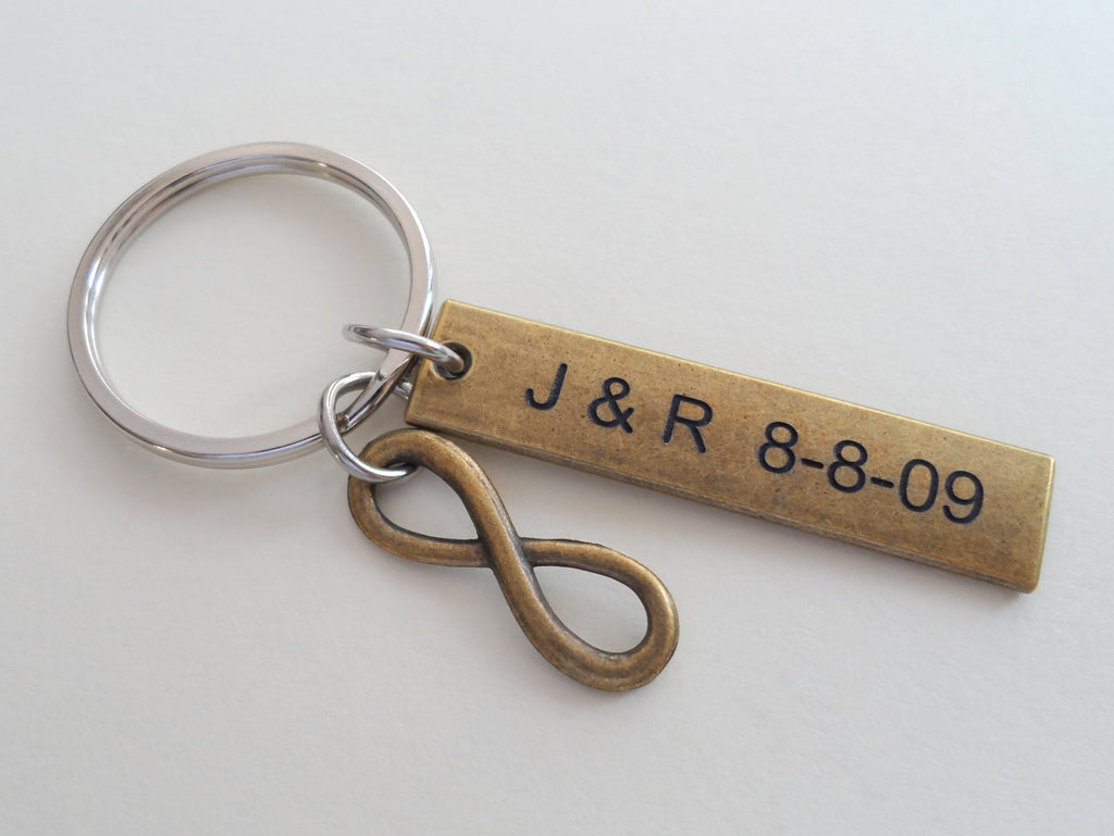 Personalized Small Bronze Infinity Symbol Keychain w/ Custom Engraved Tag - Couples Keychain
