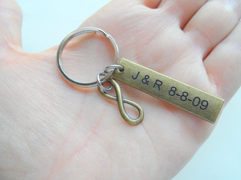 Personalized Small Bronze Infinity Symbol Keychain w/ Custom Engraved Tag - Couples Keychain