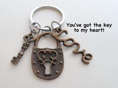 Bronze Key & Lock & Love Charm Keychain - You've Got the Key to My Heart