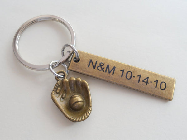Personalized Keychain with Bronze Engraved Tag and Baseball Mitt Charm; Couples Keychain, Customized