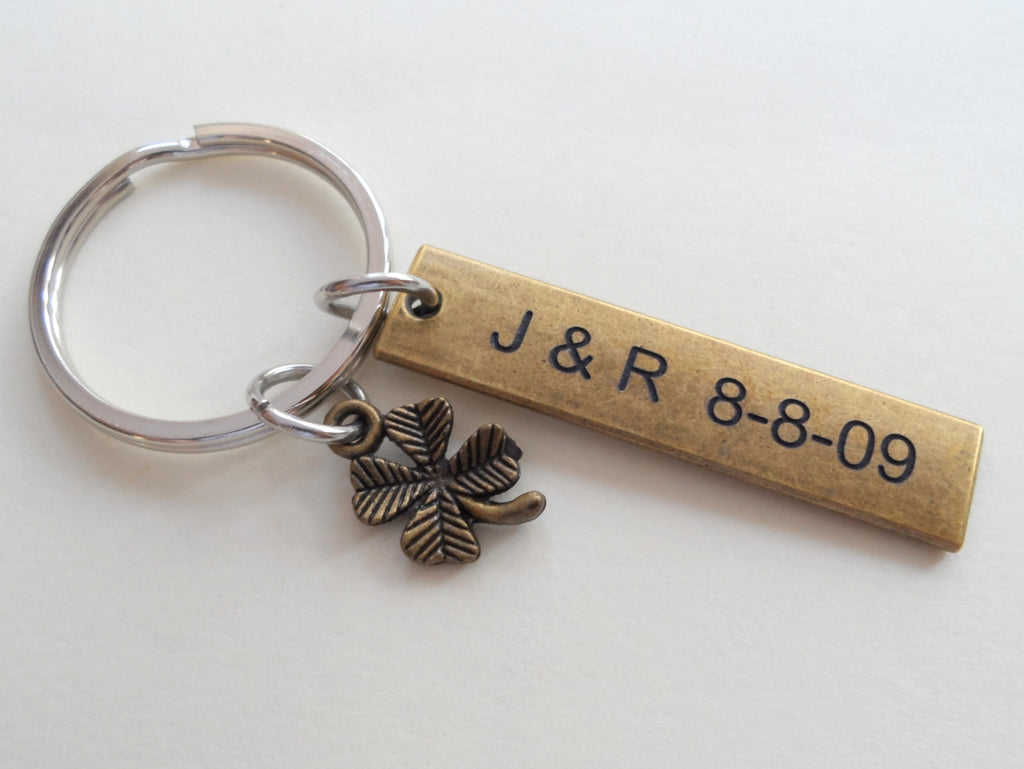 Small Bronze Four Leaf Clover Keychain with Custom Engraved Tag- Lucky To Have You; 8 Year or 19 Year Anniversary Gift, Couples Keychain