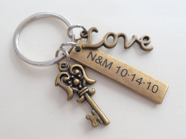 Bronze Key and Love Charm Keychain with Custom Engraved Tag - You've Got The Key To My Heart; Couples Keychain