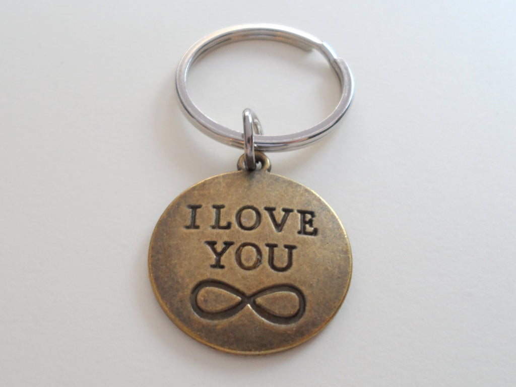 Bronze Disc Keychain with I Love You Infinity Symbol Engraving; Couples Keychain