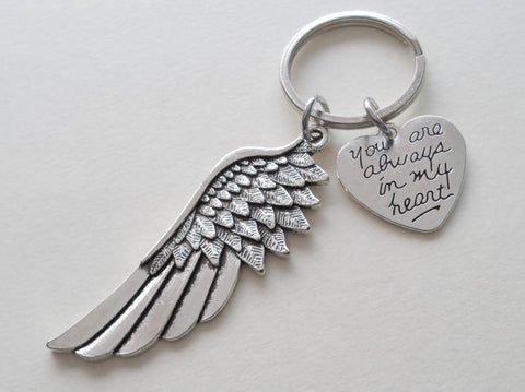 Wing Charm Keychain with "You Are Always in My Heart" Charm, Memorial Keychain