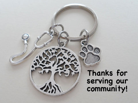 Veterinarian Appreciation Keychain, Veterinary Hospital Staff Gift, Pet & Animal Care Medical Professional; Tree, Paw Print & Stethoscope Charm Keychain