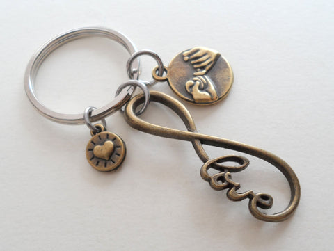 Bronze Infinity Love Charm Keychain with Pinky Promise & Heart Charm, Couples Keychain