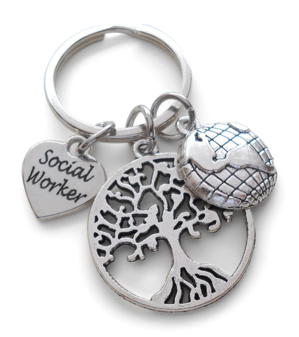 Social Worker Gift Keychain with Tree and World Charm, Community Advocate Gift, Thank you Gift