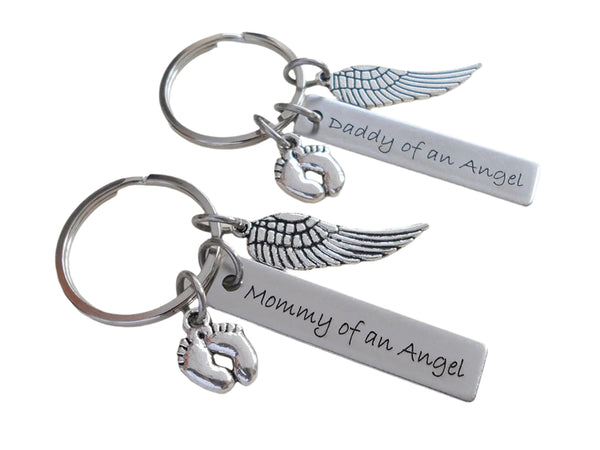 Set of 2 Keychains, Daddy of an Angel & Mommy of an Angel Engraved Baby Memorial Keychains, Wing & Baby Feet Charm