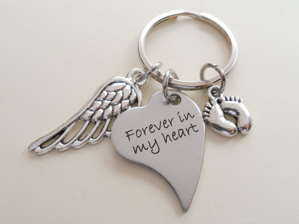 Side Hung Heart Shaped Forever in My Heart Keychain with Wing and Baby Feet Charm, Baby Loss Memorial Gift