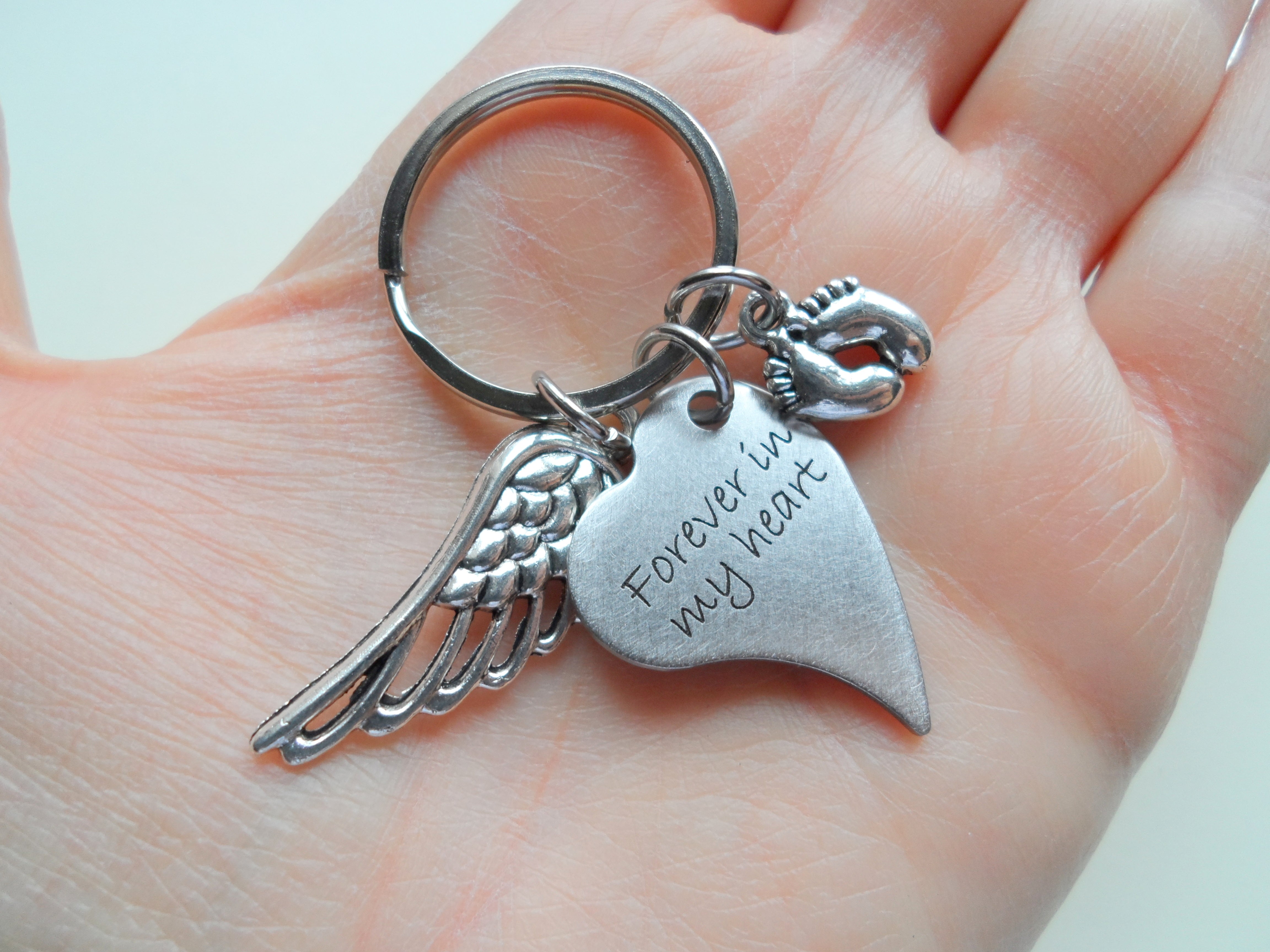 Side Hung Heart Shaped Forever in My Heart Keychain with Wing and Baby Feet Charm Baby Loss Memorial Gift