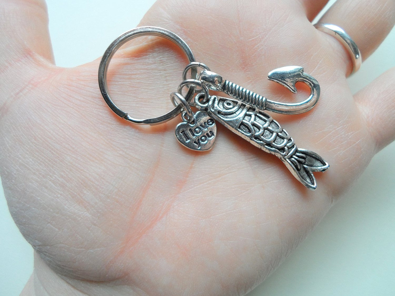 catch fish silver hook Silver Fish Charm and Hook Charm Keychain