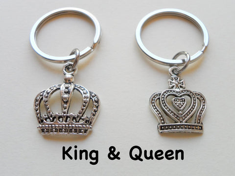 Silver Tone King and Queen Crown Keychain Set Custom Engraved - King & Queen; Couples Keychain Set