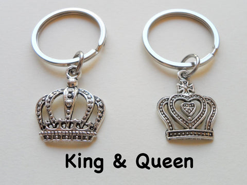 Silver Tone King and Queen Crown Keychain Set - King & Queen; Couples Keychain Set