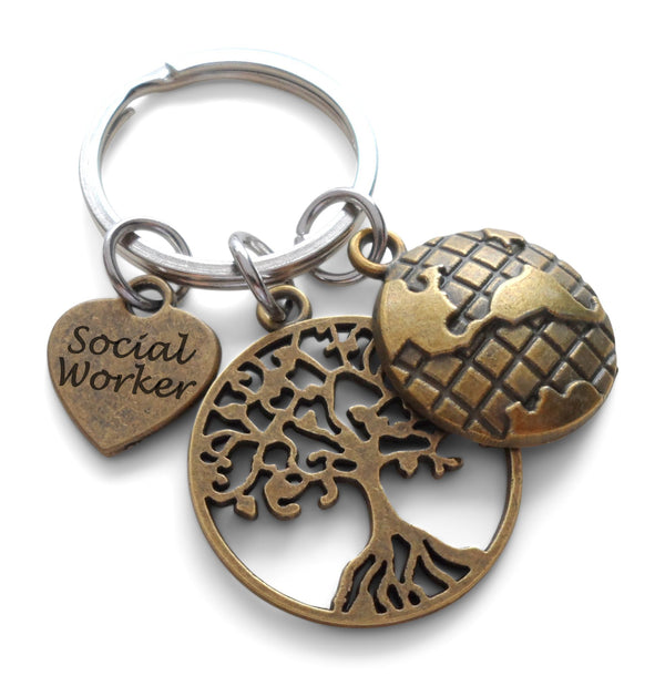 Social Worker Gift Keychain with Bronze Tree and World Charm, Community Advocate Gift, Thank you Gift