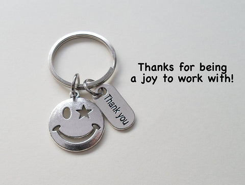 Employee Appreciation Gifts • "Thank You" Tag & Silver Smiley Face Keychain by JewelryEveryday w/ "Thanks for being a joy to work with!" Card