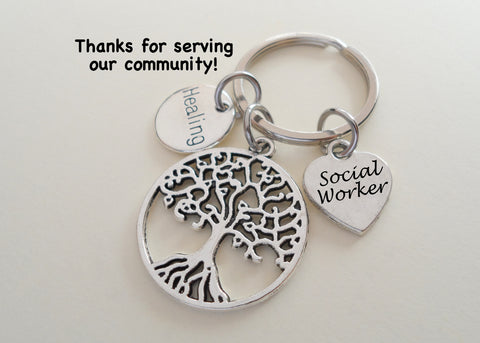 Employee Appreciation Gifts • Tree Charm, "Healing" Circle Charm, and a "Social Worker" Heart Charm Keychain by JewelryEveryday