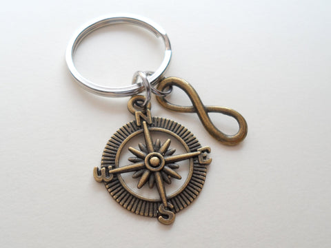 Bronze Compass Keychain with Infinity Charm - I'd Be Lost Without You; Couples Keychain