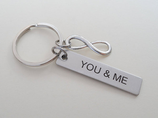 Stainless Steel Tag Keychain Engraved with "You & Me" with Infinity Charm; 11 Year Anniversary Couples Keychain