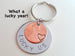 Steel Disc & 2005 Penny Keychain Hand Stamped "Lucky Us"; 17 Year Anniversary Gift, Couples Keychain