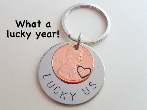 Steel Disc & 2006 Penny Keychain Hand Stamped "Lucky Us"; 16 Year Anniversary Gift, Couples Keychain