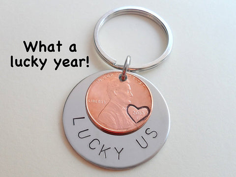Steel Disc & 2010 Penny Keychain Hand Stamped "Lucky Us"; 12 Year Anniversary Gift, Couples Keychain
