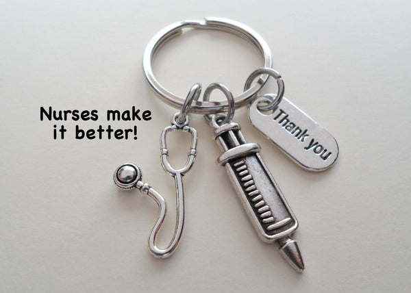 Employee Appreciation Gifts • Nurse Keychain w/ Stethoscope, Syringe & "Thank You" Tag by JewelryEveryday w/ "Nurses make it better" Card
