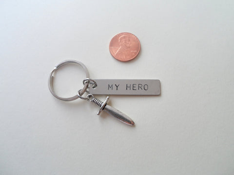 Sword Charm and "My Hero" Hand Stamped Keychain, Hand Stamped Steel Tag Keychain
