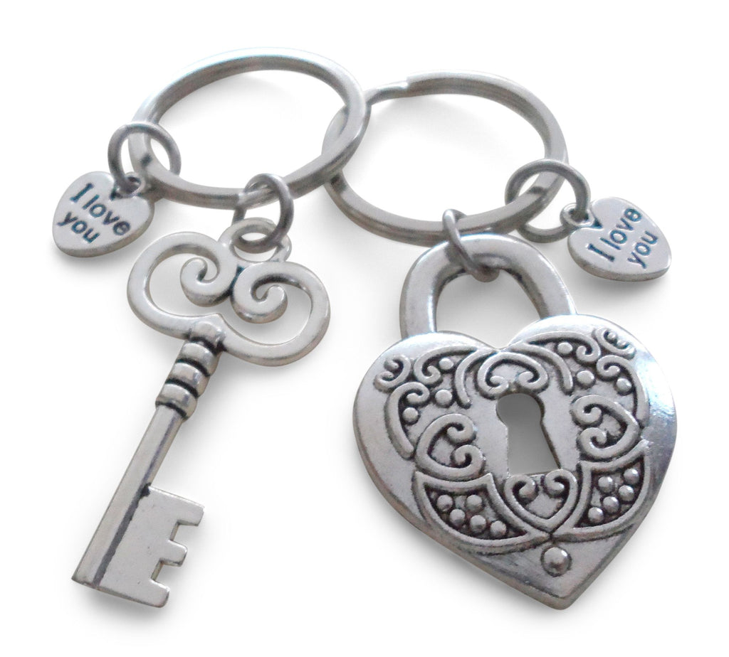 Large Key and Heart Lock Keychain Set with I Love You Heart Charms- Key To My Heart; Couples Keychain Set