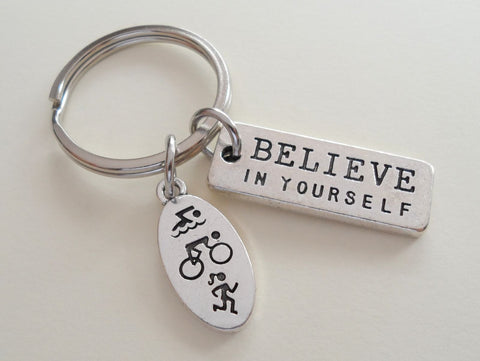 Believe in Yourself Triathlon Keychain, Swim, Bike, Run Charm Keychain, Fitness Encouragement Keychain