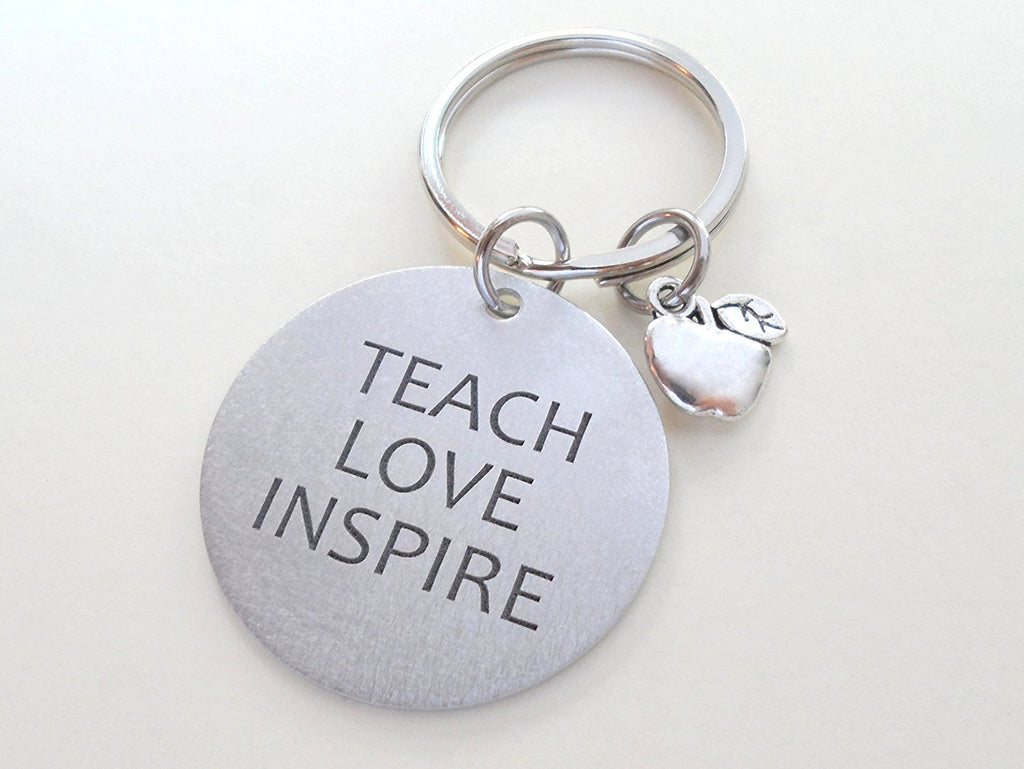 Teacher Appreciation Gifts • "Teach, Love, Inspire!" Aluminum Disc w/ Apple Charm Keychain by JewelryEveryday