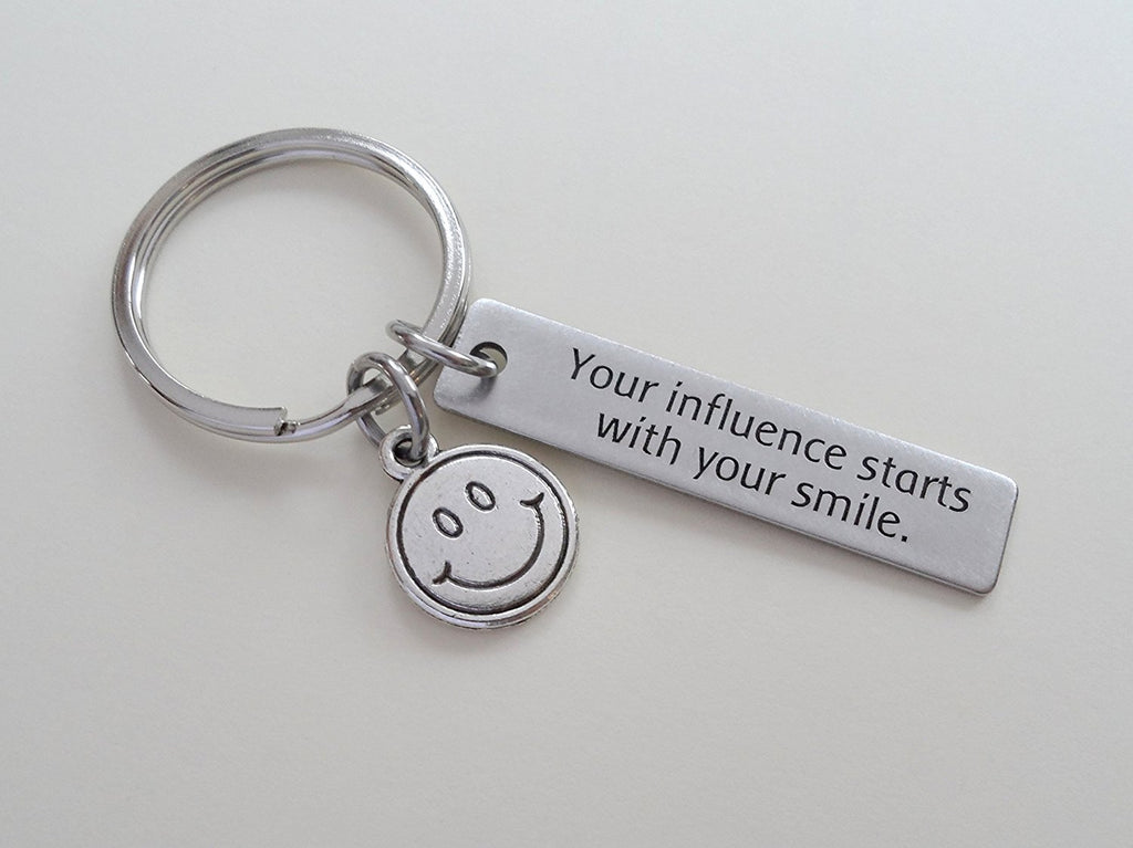 Teacher Appreciation Gifts • "Your influence starts with your smile" Stainless Steel Tag & Smiley Face Charm Keychain by JewelryEveryday