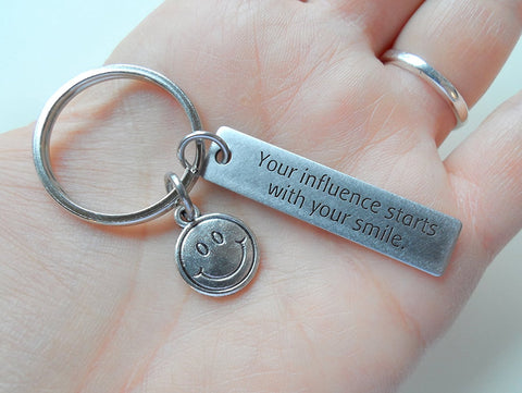 Teacher Appreciation Gifts • "Your influence starts with your smile" Stainless Steel Tag & Smiley Face Charm Keychain by JewelryEveryday