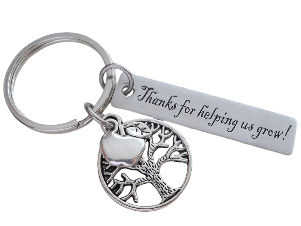 Tree & Apple Keychain for Teachers with "Thanks for helping us grow!" Engraved Tag