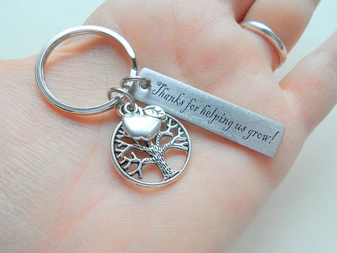 Tree & Apple Keychain for Teachers with "Thanks for helping us grow!" Engraved Tag