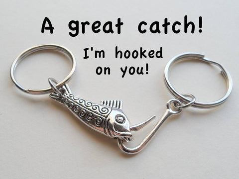 Toggle Fish and Hook Keychain Set Custom Engraved - A Great Catch, I'm Hooked on You; Couples Keychain Set
