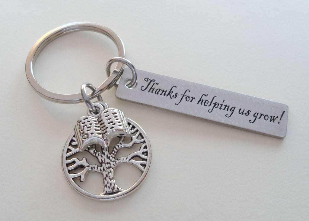 Teacher Appreciation Gifts • "Thanks for helping us grow!" Engraved Steel Rectangle Tag w/ Tree & Book Charm Keychain by JewelryEveryday