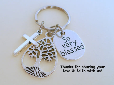 Tree, Cross, So Very Blessed Charm Keychain, Religious Teacher Gift, Neighbor Gift